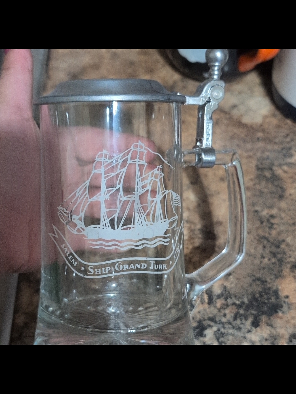 Glass Beer Stein with Pewter Lid - Ship Graphic